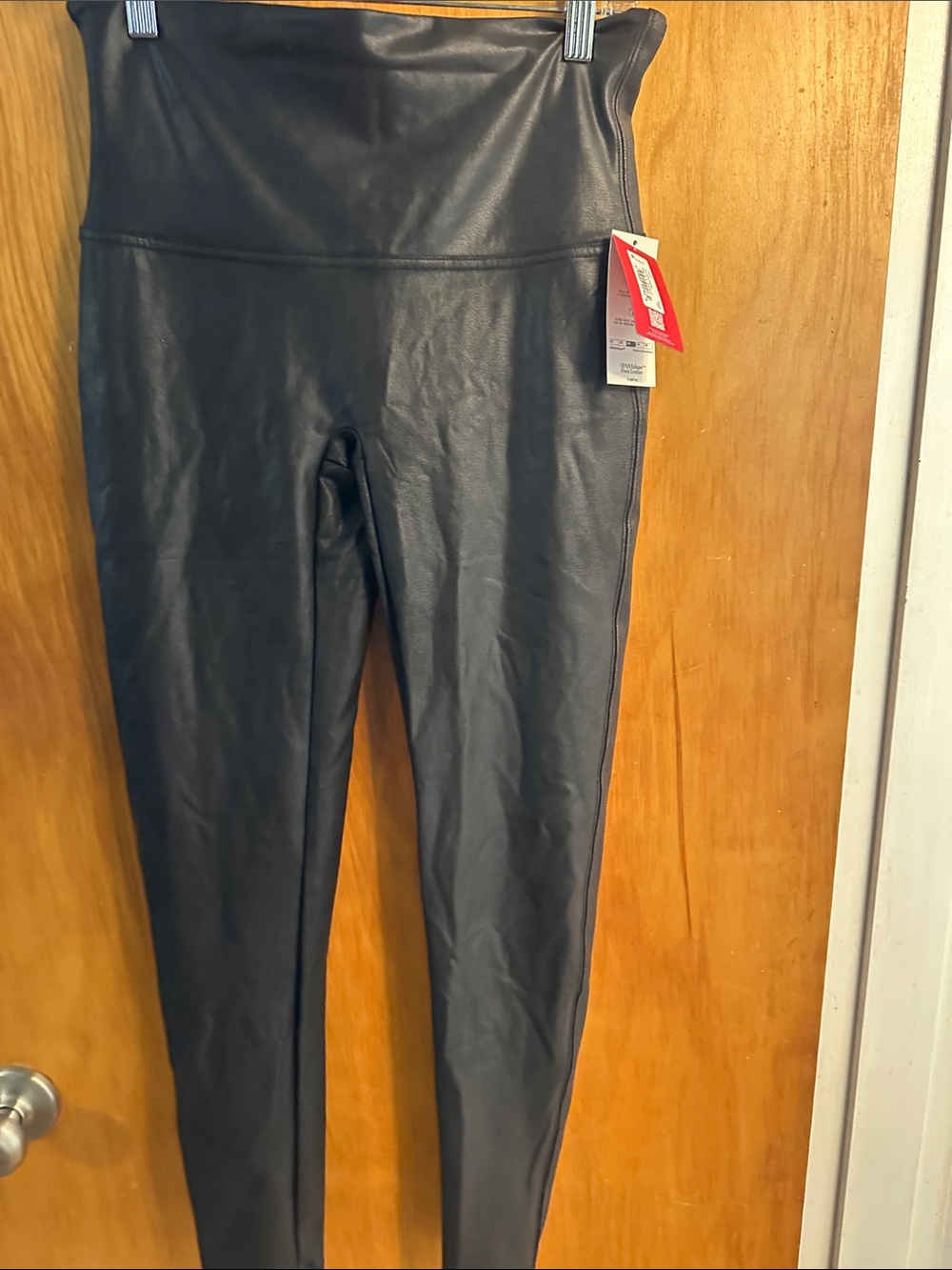 SPANX Black Faux Leather Leggings with Red Tag